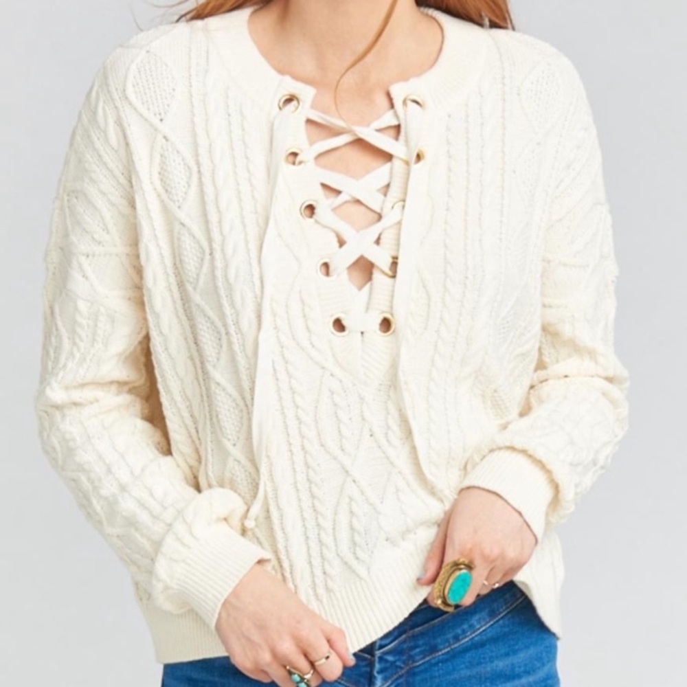 Show me your mumu Joey cropped lace up sweater cream knit size x-small